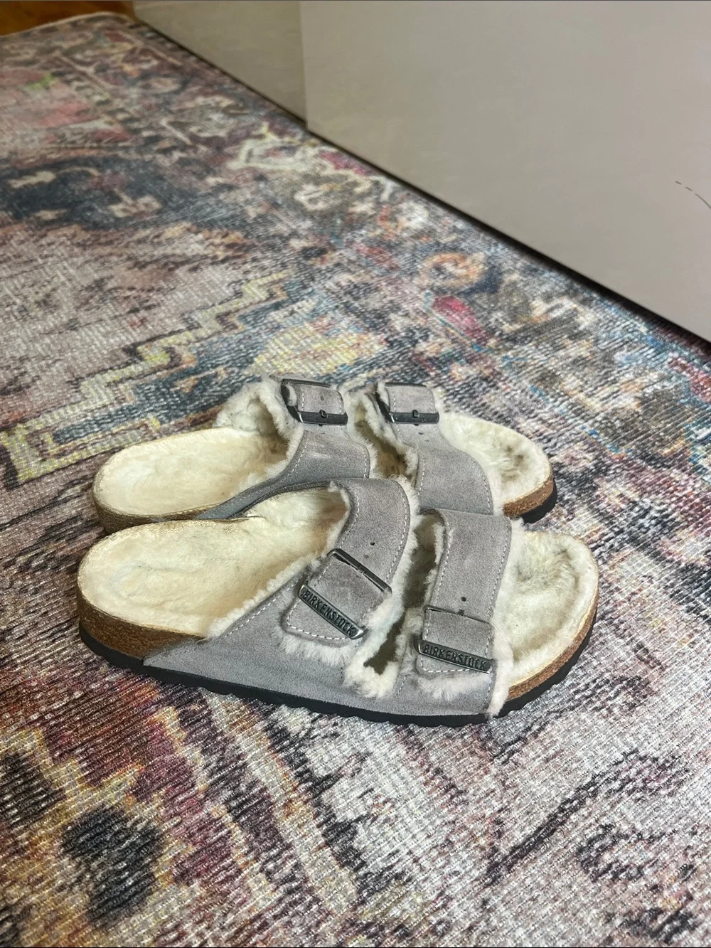 Birkenstock Shearling-Trim Double Buckle Slide Sandals in Light Gray